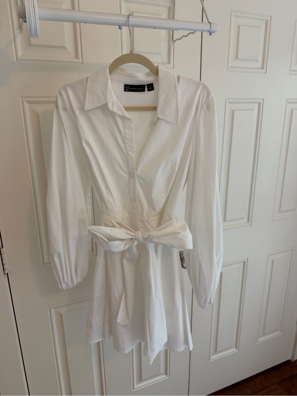 White Poplin Tie Waist Shirt Dress Long Sleeve Mini Dress - Picture 3 of 5